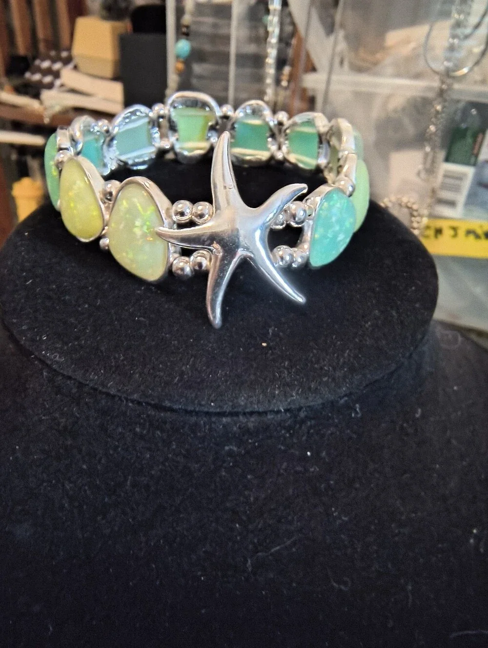 Sea Glass Starfish Bracelet 14K White Gold Plated Coastal Stretch NWOT